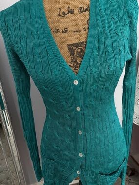 Ralph Lauren Teal Cable Knit V-Neck Button Cardigan